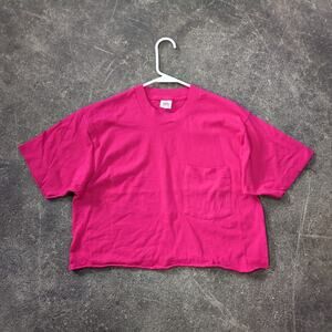 Vintage Crop Top Shirt Womens L Pink USA Pocket Beach 90s Gym Summer Cropped